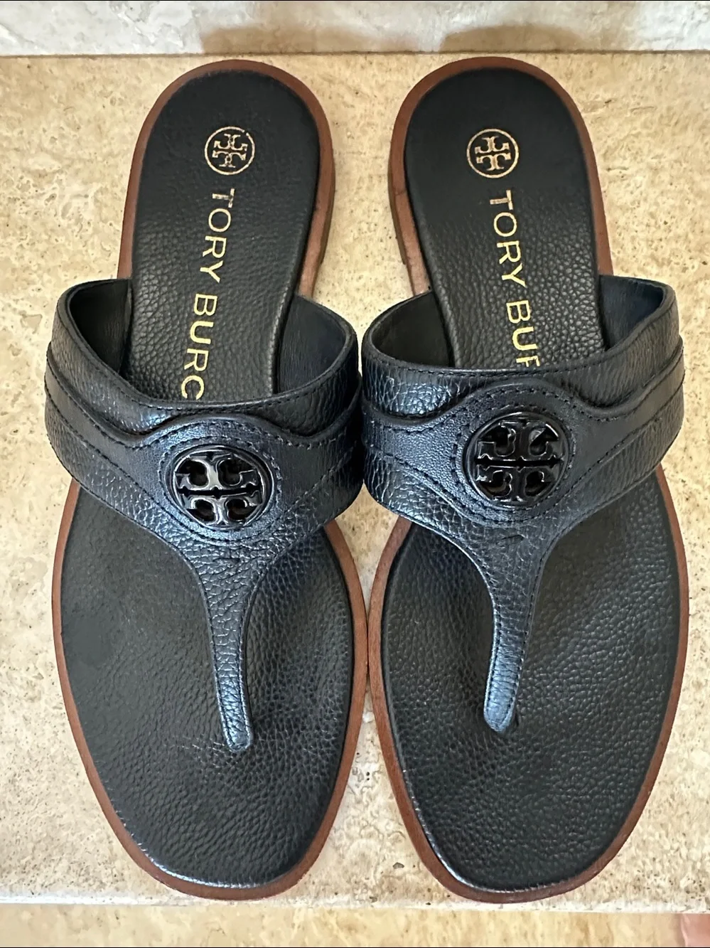 Tory Burch Black Leather CARSON Thong Welt Sandals - Size 7.5